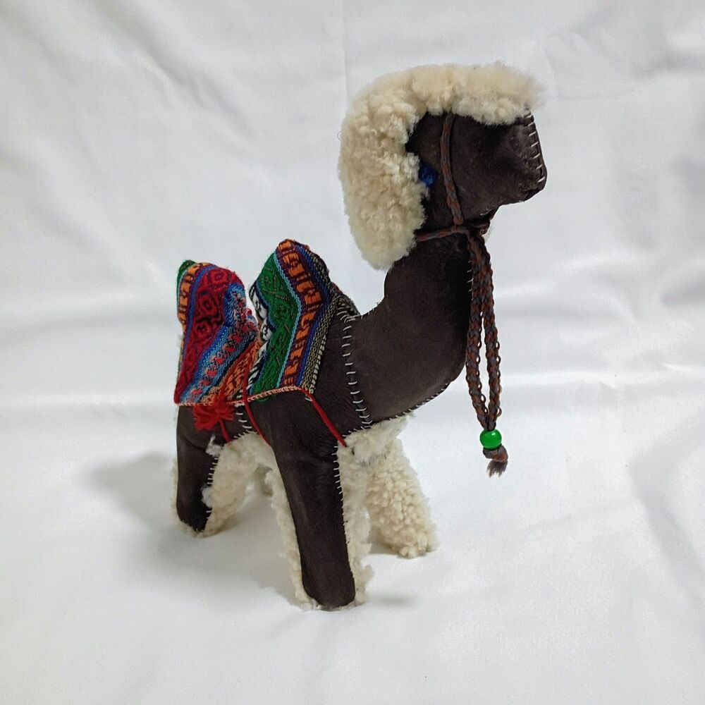 Collectible Handmade 12” Sherpa And Leather Plush Camel Stuffed Animal Foll Art